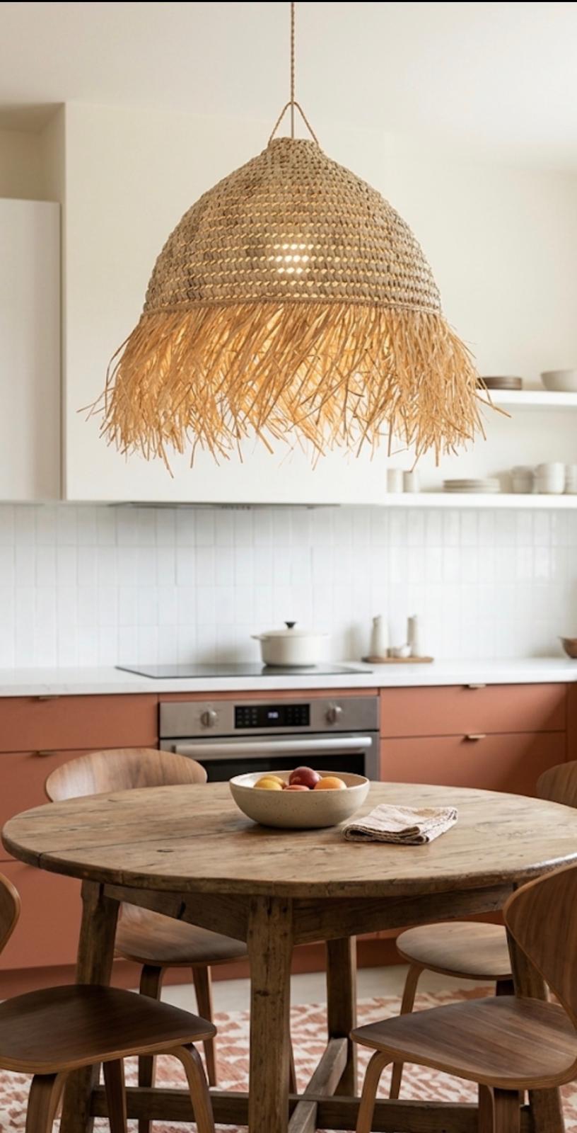 Suspension Nour tressée en doum et franges raphia — luminaire artisanal marocain, fait main au Maroc