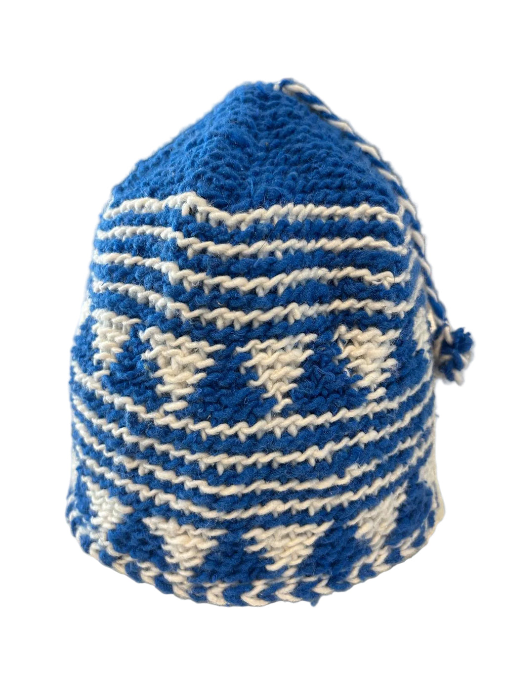 Bonnet tricoté artisanal en laine blanc et bleu — fait main au Maroc