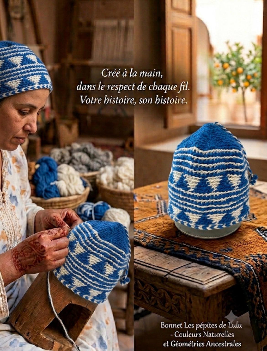 Bonnet tricoté artisanal en laine blanc et bleu — fait main au Maroc