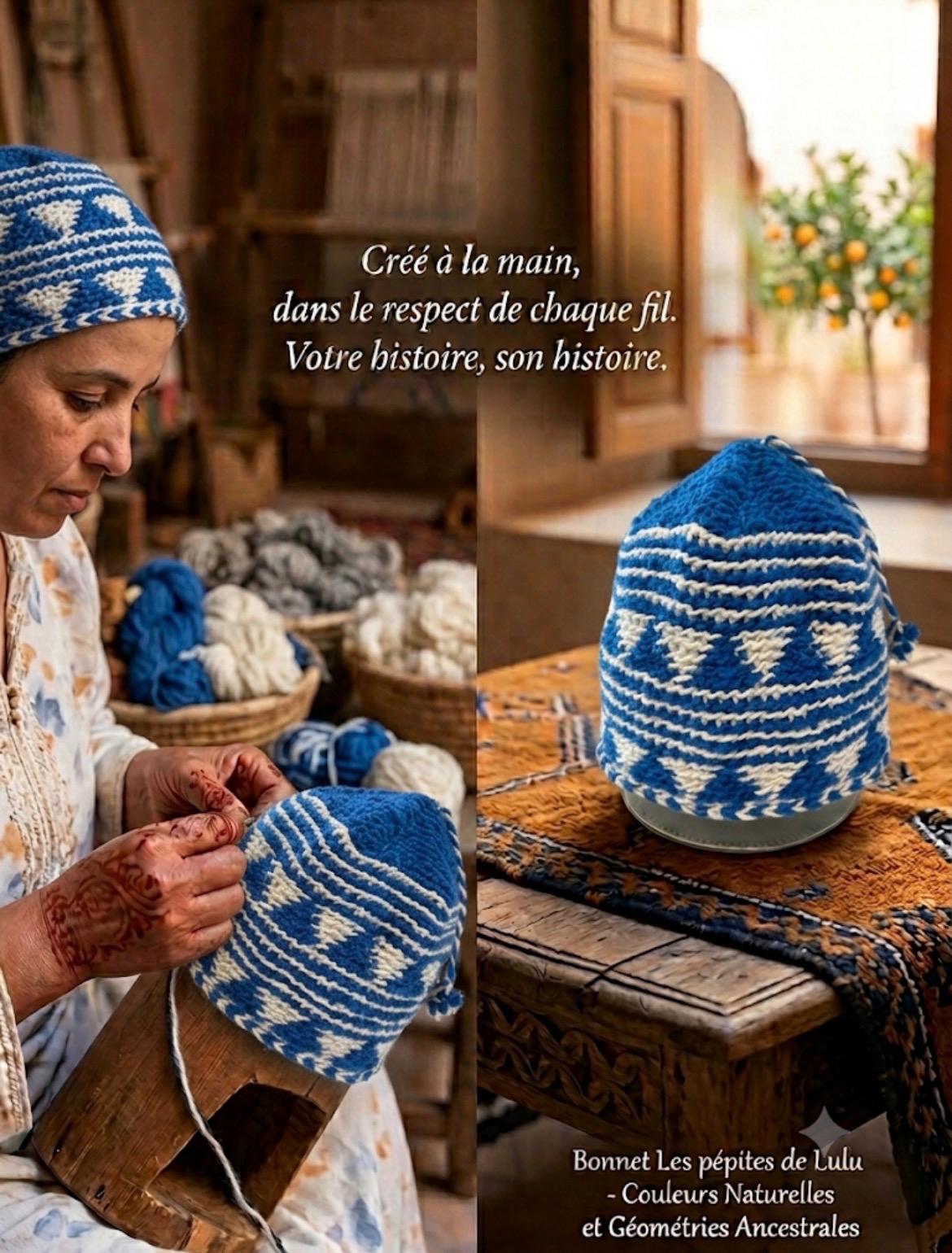 Bonnet tricoté artisanal en laine blanc et bleu — fait main au Maroc