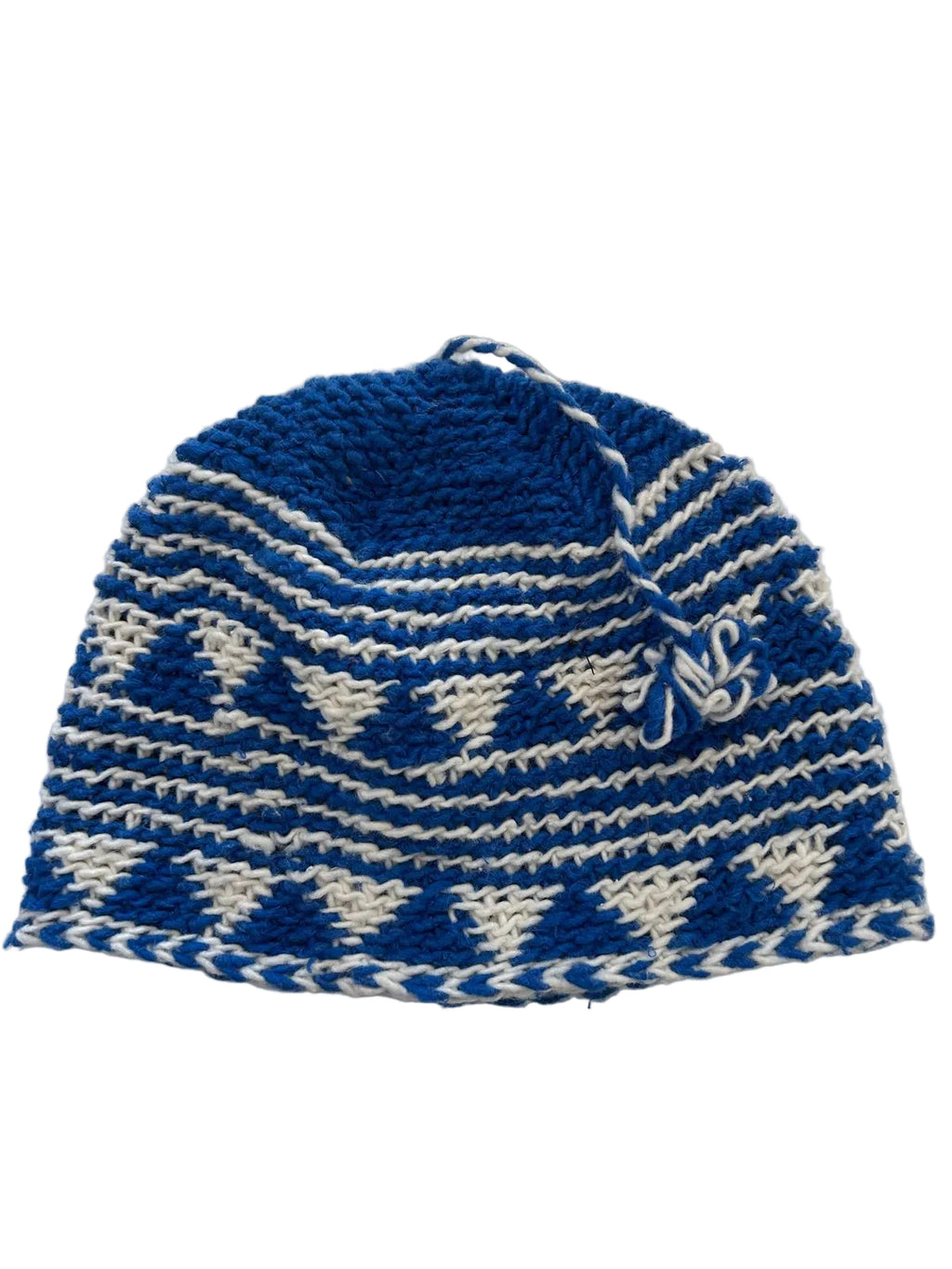 Bonnet tricoté artisanal en laine blanc et bleu — fait main au Maroc