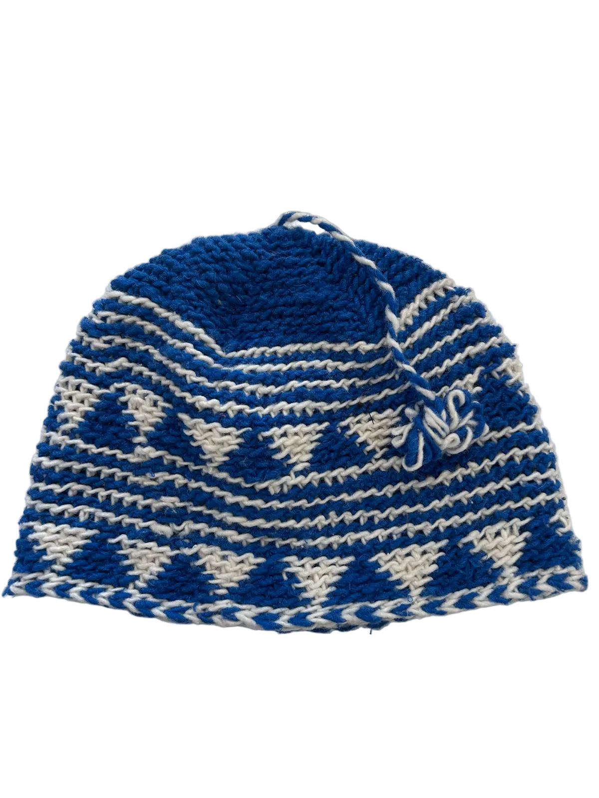 Bonnet tricoté artisanal en laine blanc et bleu — fait main au Maroc