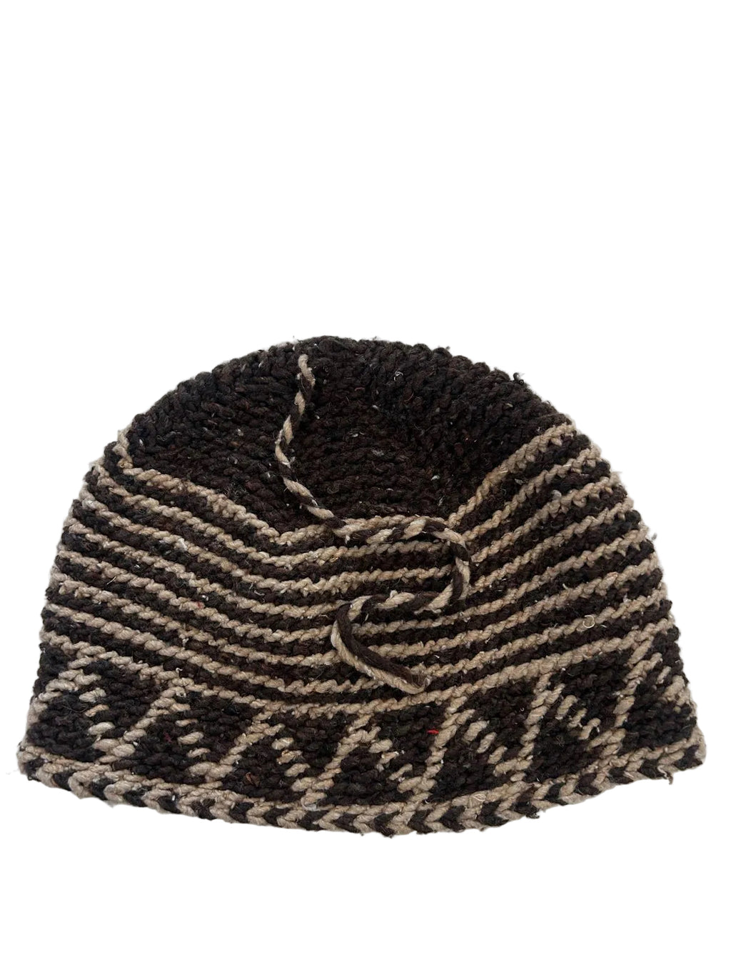 Bonnet tricoté artisanal en laine beige et marron — fait main au Maroc