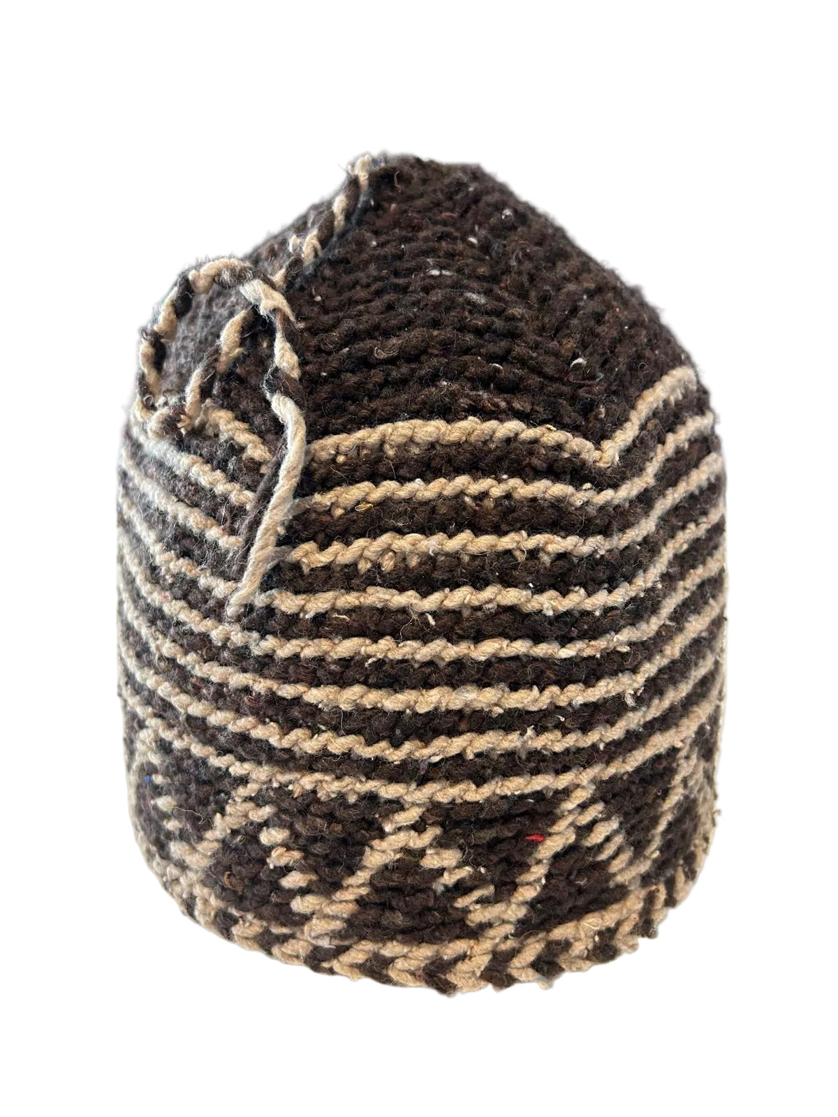 Bonnet tricoté artisanal en laine beige et marron — fait main au Maroc