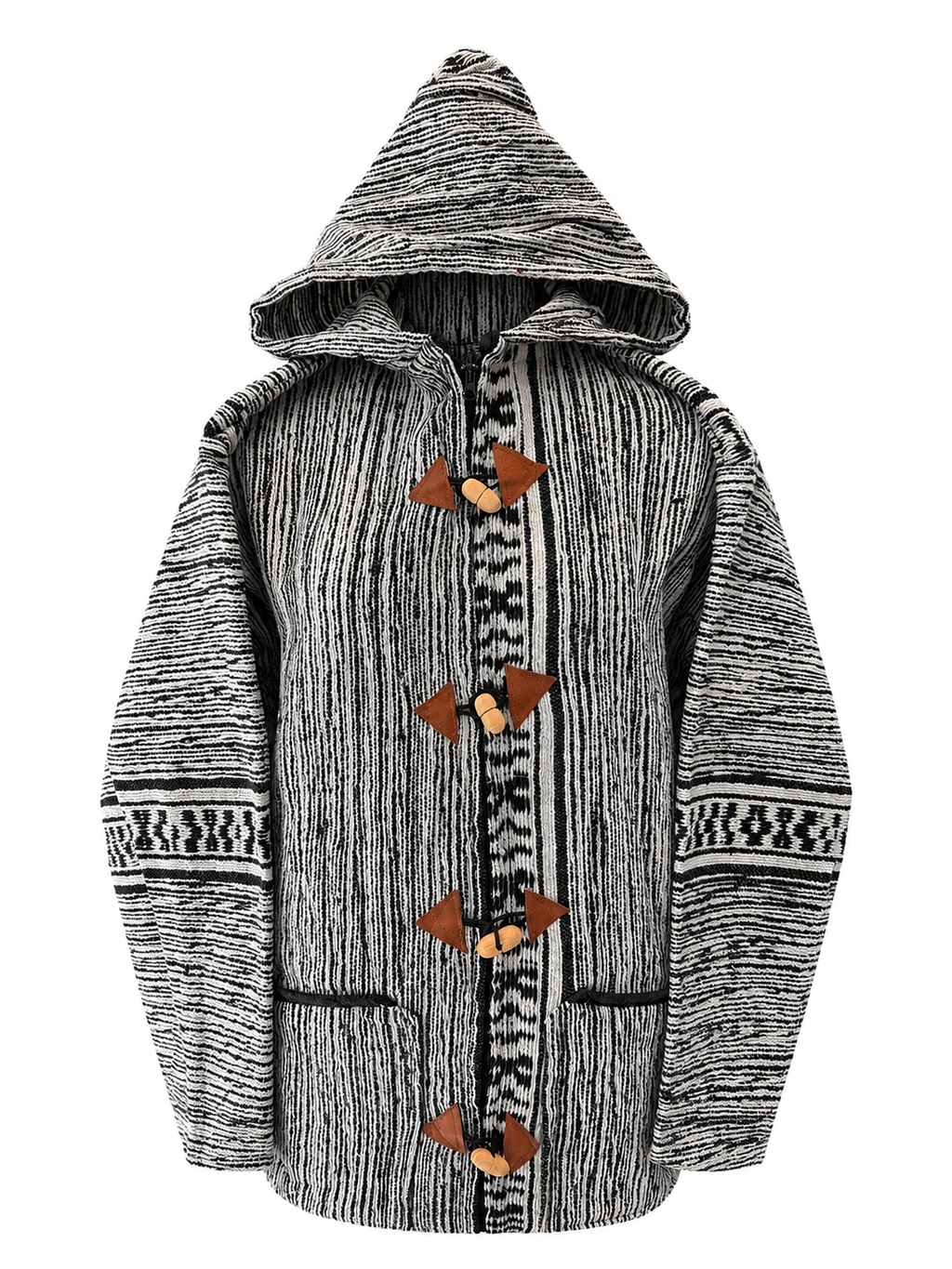 Veste berbère à capuche en laine tissée gris chiné et blanc — pièce unique artisanat marocain