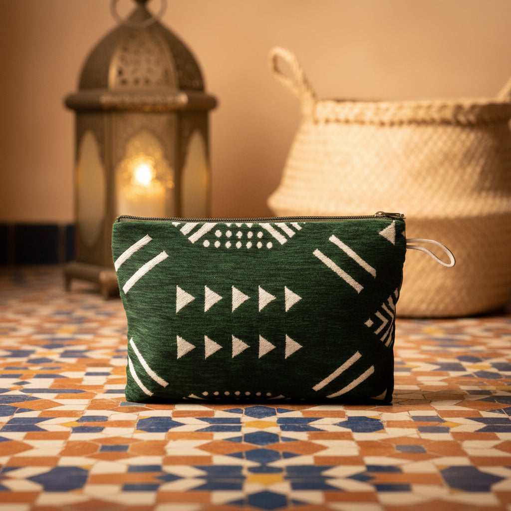 Pochette plate verte et blanc motifs berbères — artisanat marocain fait main au Maroc
