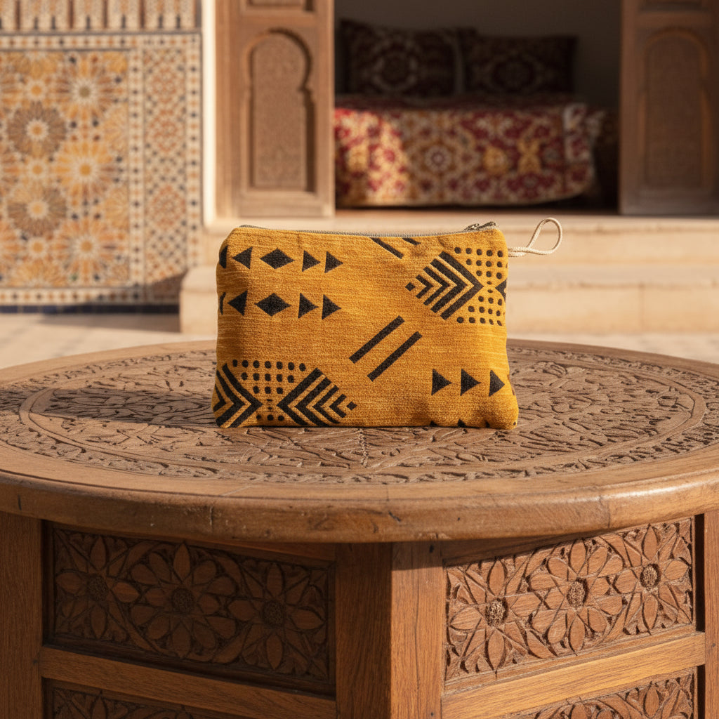 Pochette plate ocre et blanc motifs berbères — artisanat marocain fait main au Maroc