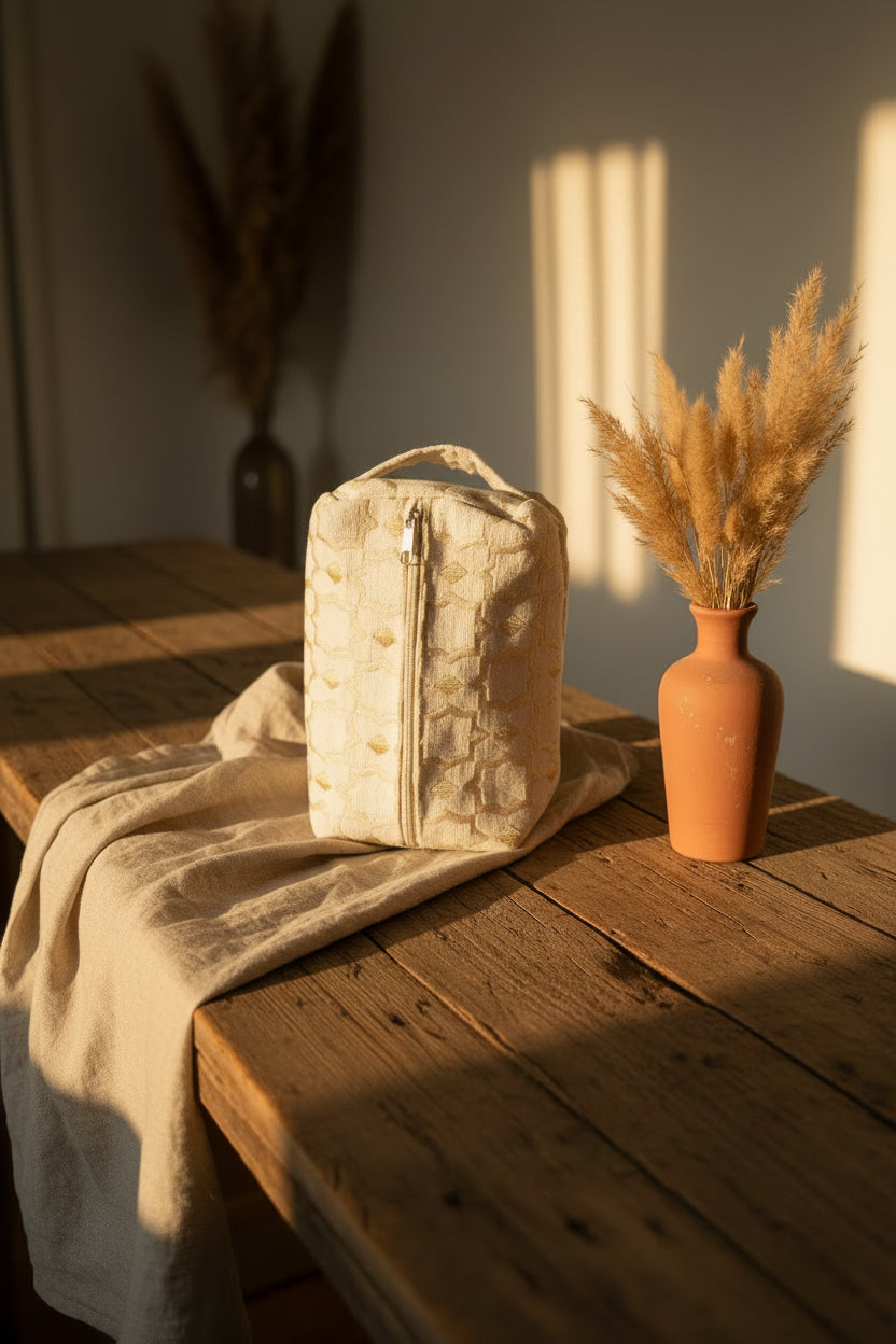 Trousse de toilette en velours orange et doré, motifs zellige — artisanat marocain fait main