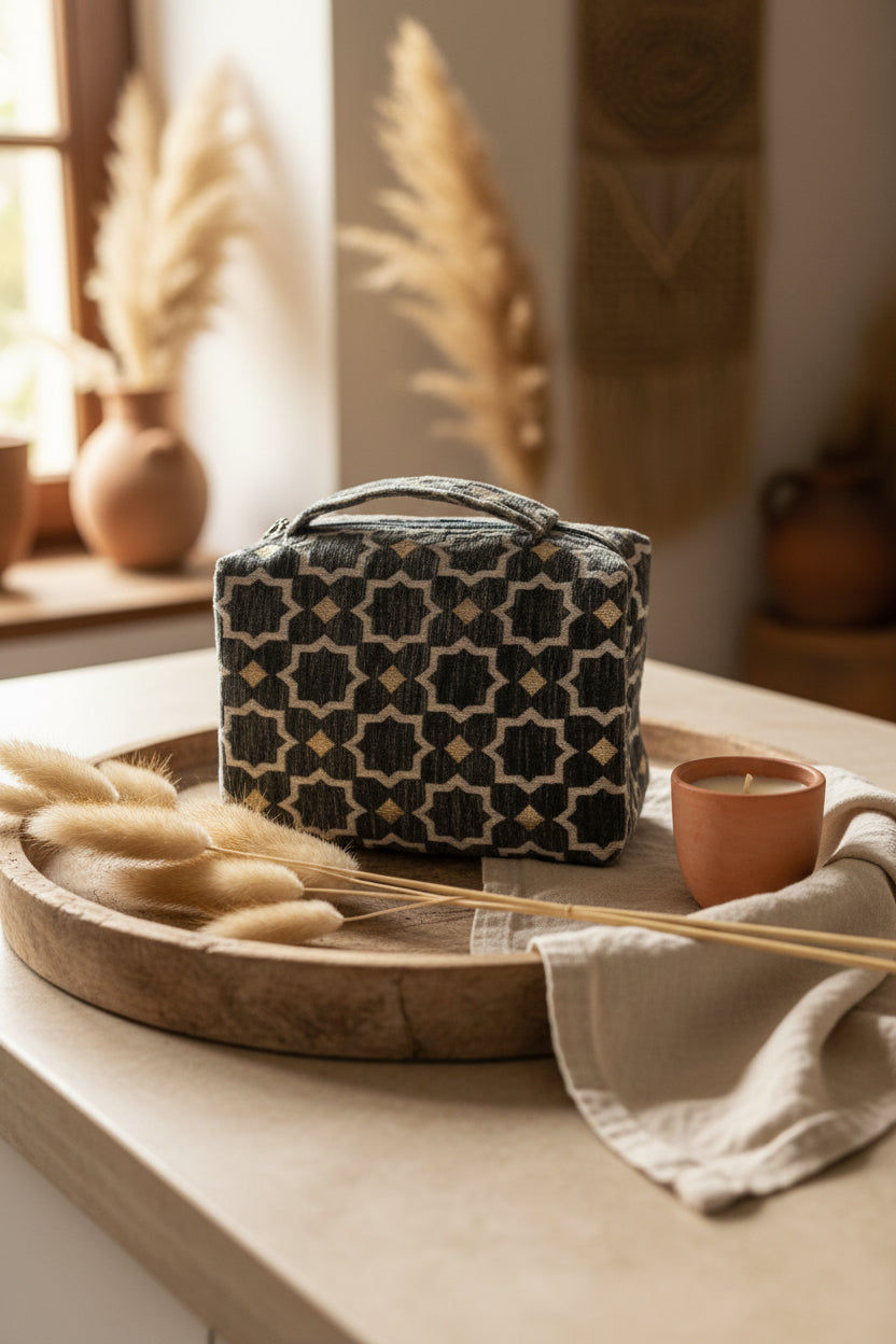 Trousse de toilette en velours blanc et doré, motifs zellige — artisanat marocain fait main