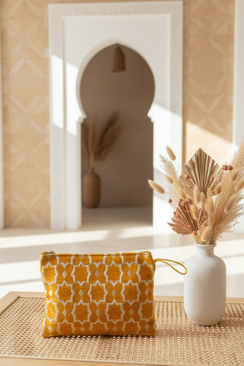 Pochette zippée brodée velours orange et blanc motifs marocains — fait main au Maroc