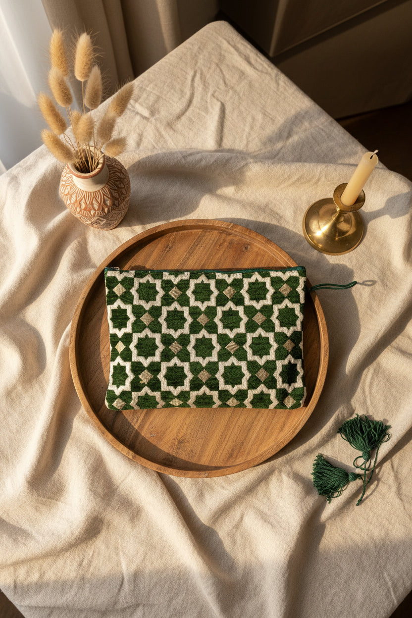Pochette zippée brodée en velours vert — artisanat marocain fait main au Maroc