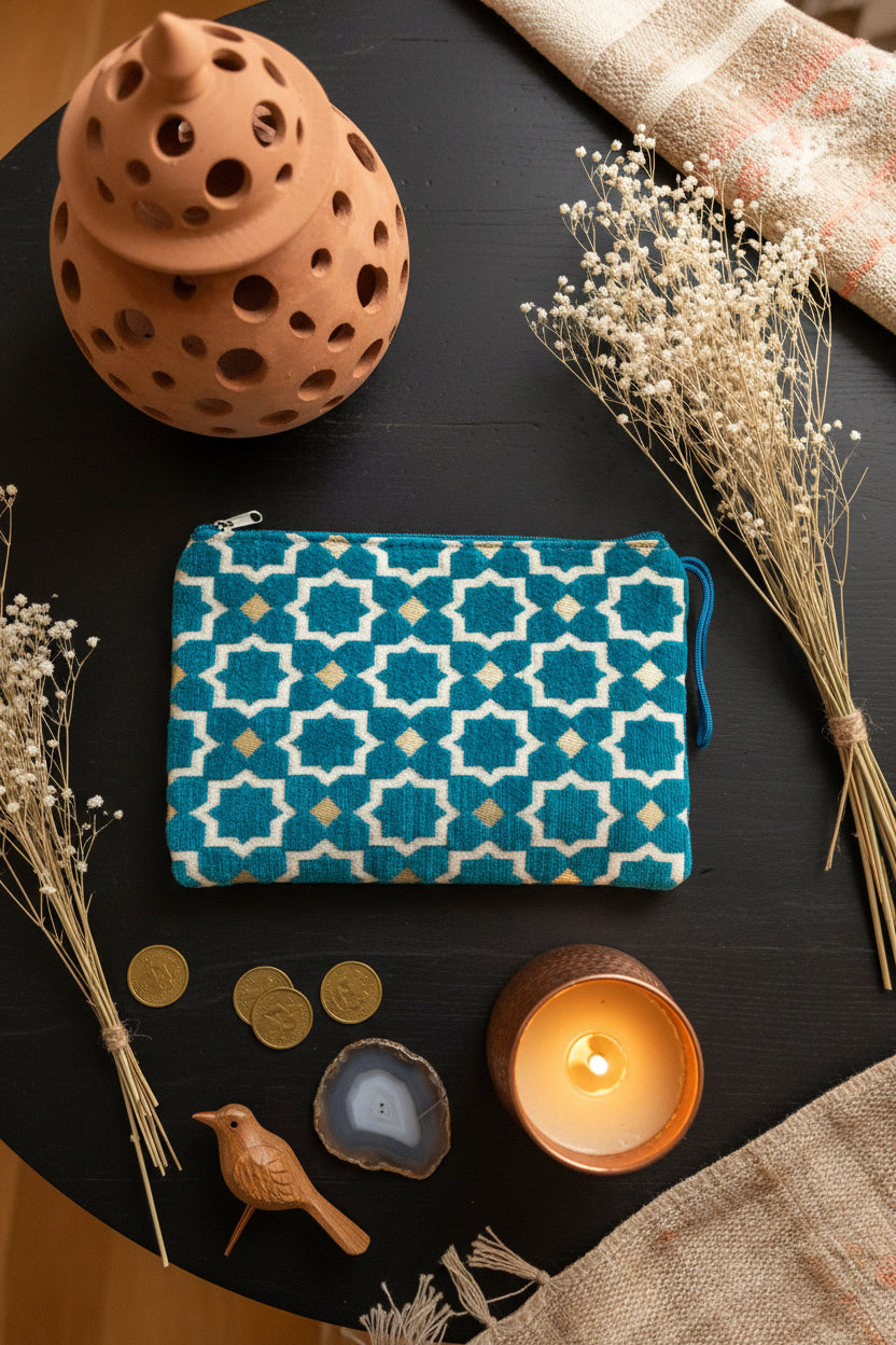Pochette zippée brodée velours bleu canard et blanc motifs marocains — fait main au Maroc