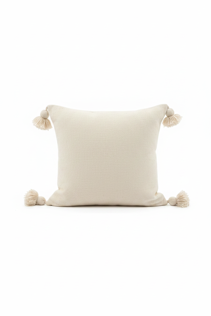 Lot de 2 housses de coussin chameau en laine et coton artisanal pompons — fait main Maroc