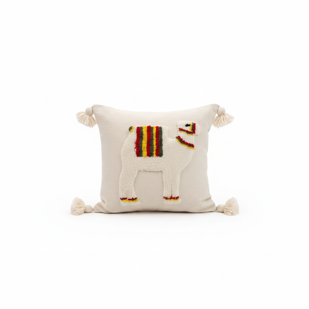 Lot de 2 housses de coussin chameau en laine et coton artisanal pompons — fait main Maroc