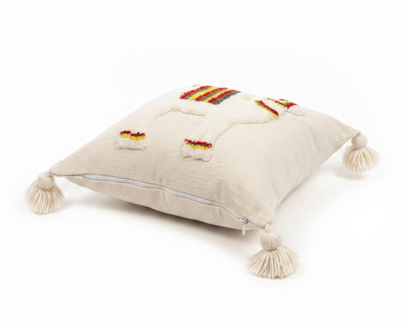 Lot de 2 housses de coussin chameau en laine et coton artisanal pompons — fait main Maroc