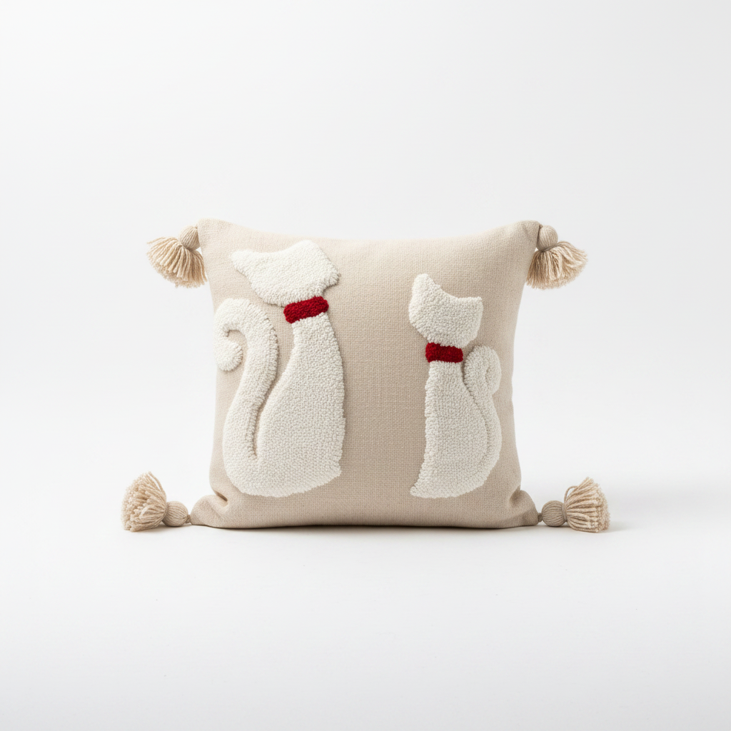 Lot de 2 housses de coussin chat en coton artisanal pompons — fait main Maroc