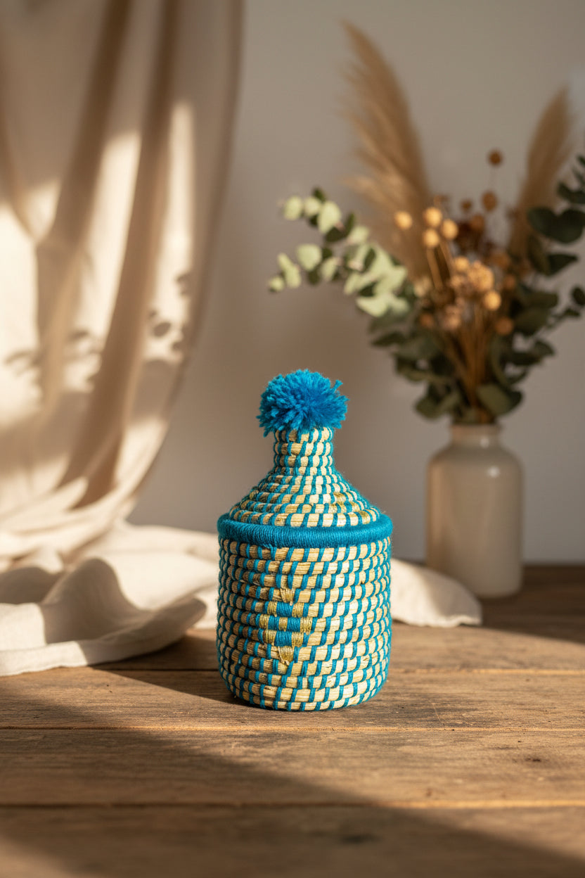 Petit panier berbère tressé avec couvercle et pompon bleu turquoise — artisanat marocain fait main