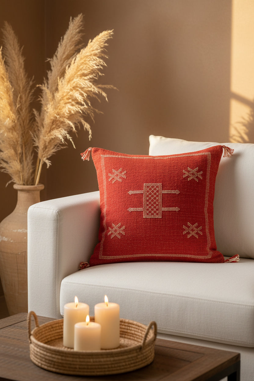 Housse de coussin Sabra rouge terracotta et blanc — soie de cactus artisanat marocain fait main