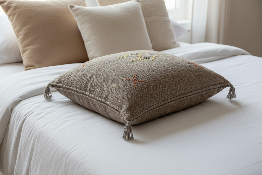 Housse de coussin Sabra taupe et broderies — soie de cactus artisanat marocain fait main