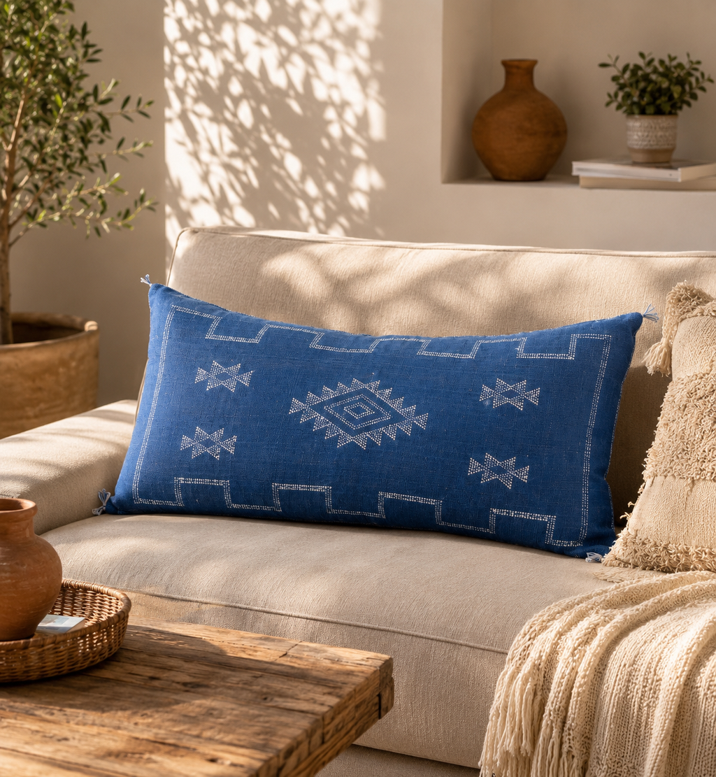 Housse de coussin Sabra bleu indigo et motifs berbères — soie de cactus fait main Maroc