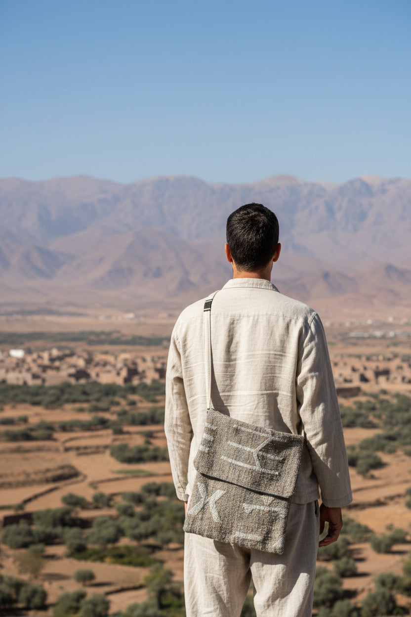 Besace berbère tissage gris motifs géométriques blancs — artisanat marocain fait main