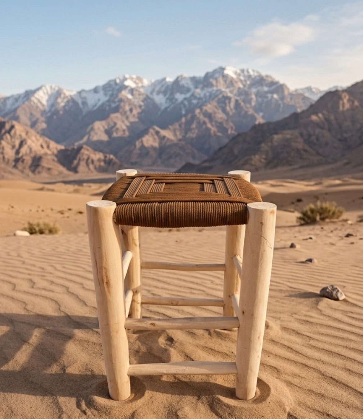 Tabouret en bois d'eucalyptus et cordes de nylon — mobilier artisanal marocain fait main
