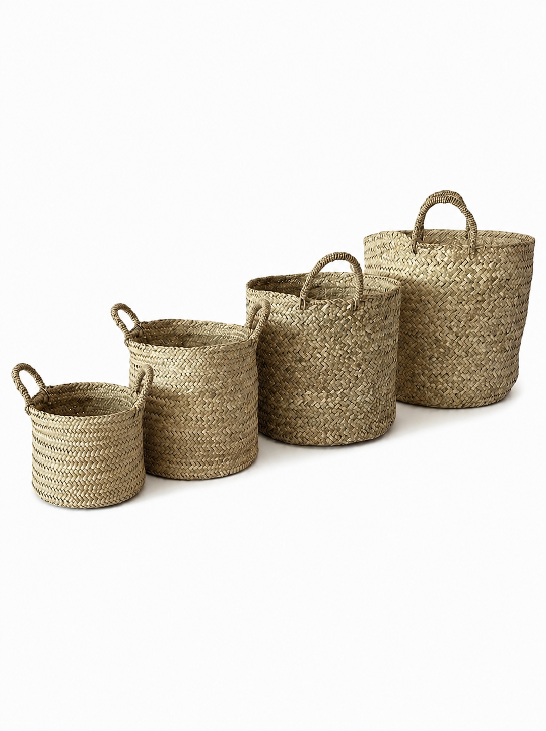 Lot de 4 paniers gigognes marocains en feuille de palmier tressée — fait main au Maroc