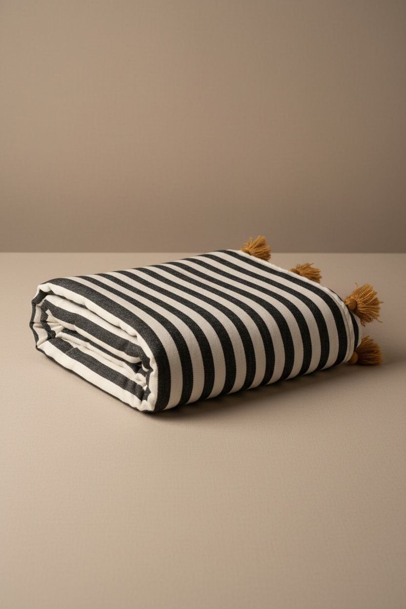Plaid tissé main rayures noir et blanc — pompons camel pièce unique Maroc