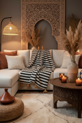 Plaid tissé main rayures noir et blanc — pompons camel pièce unique Maroc