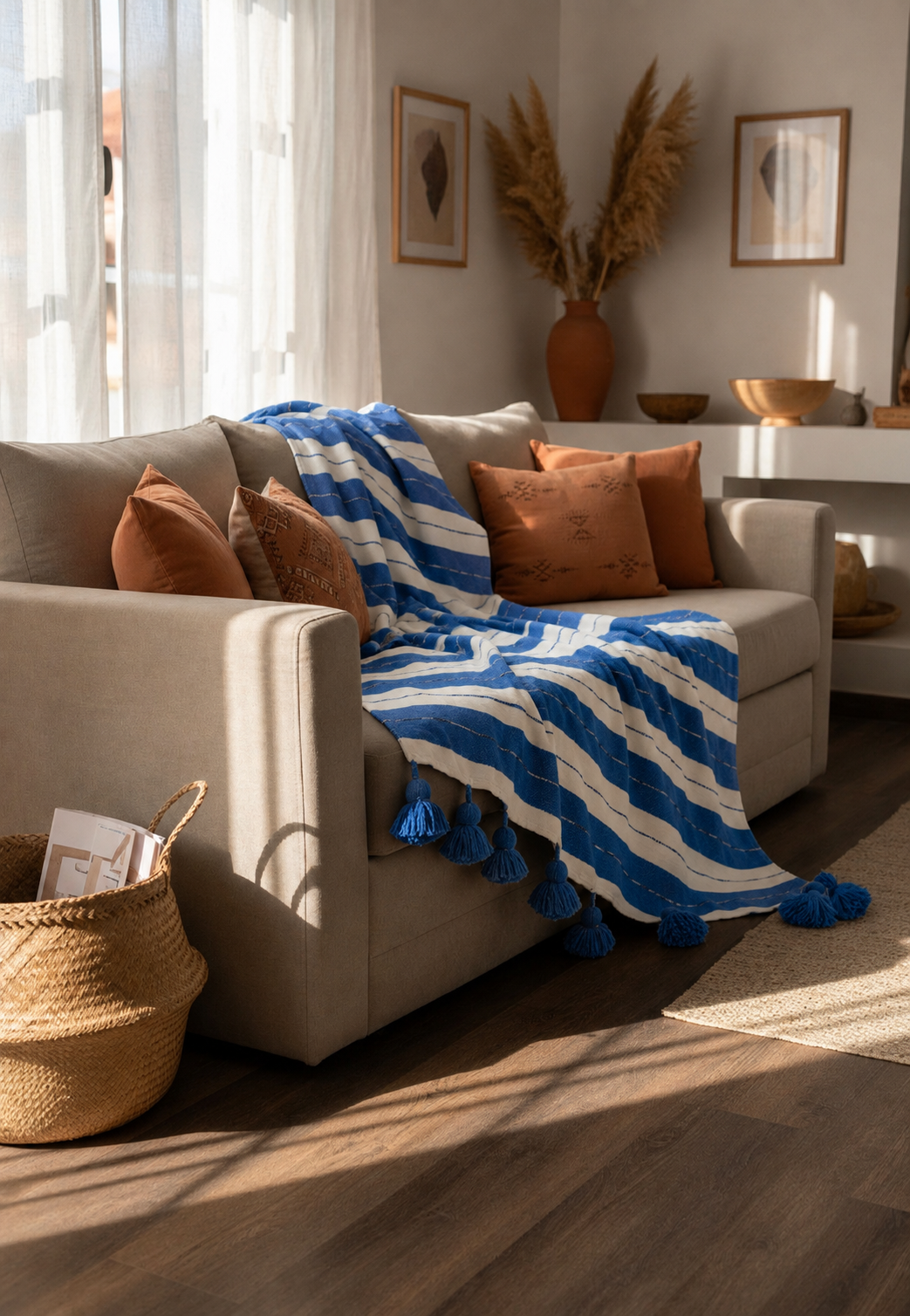 Plaid marocain à rayures blanc ivoire et bleu cobalt — pompons fait main Maroc