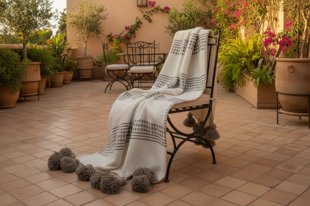 Plaid berbère fait main blanc et taupe — pompons artisanat marocain