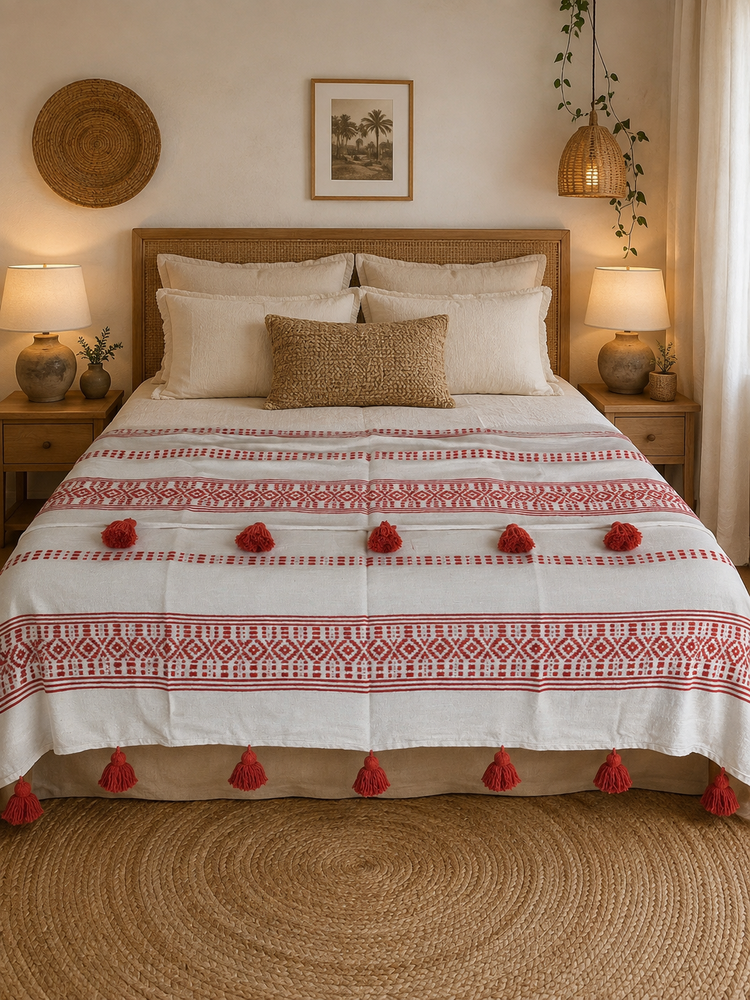Plaid berbère blanc et rouge — 2,80 x 1,80 m tissé main Maroc