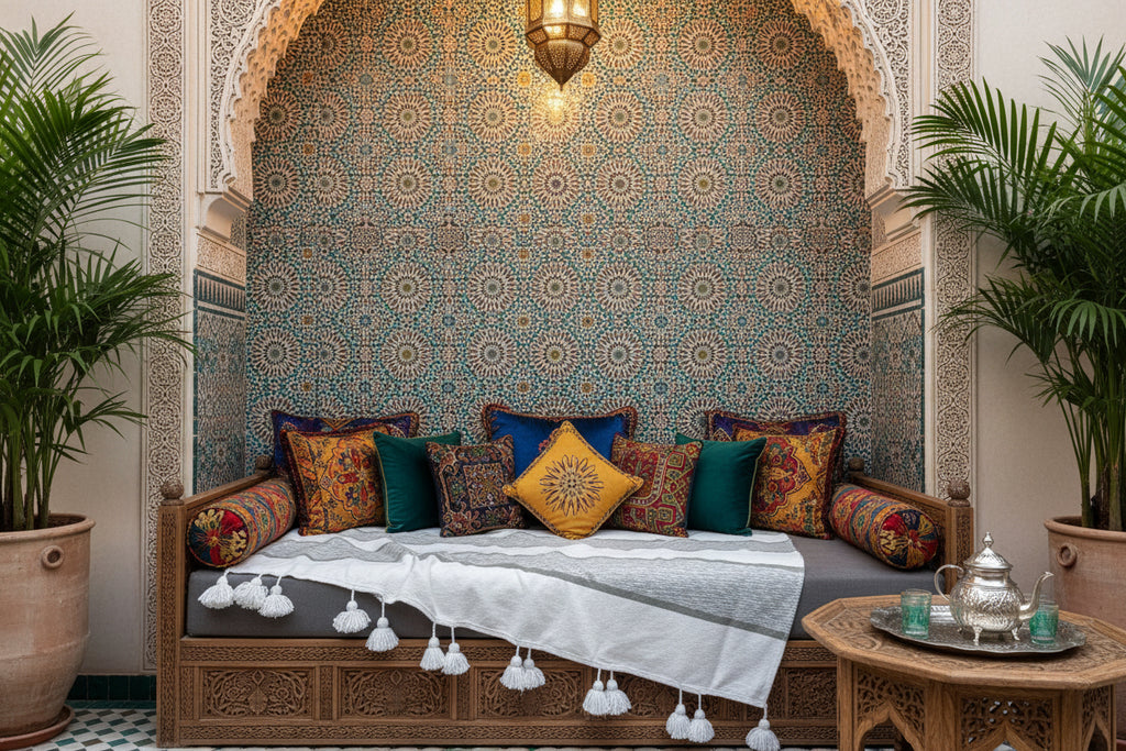 Plaid marocain blanc à pompons sur banquette riad – couverture artisanale berbère fait main
