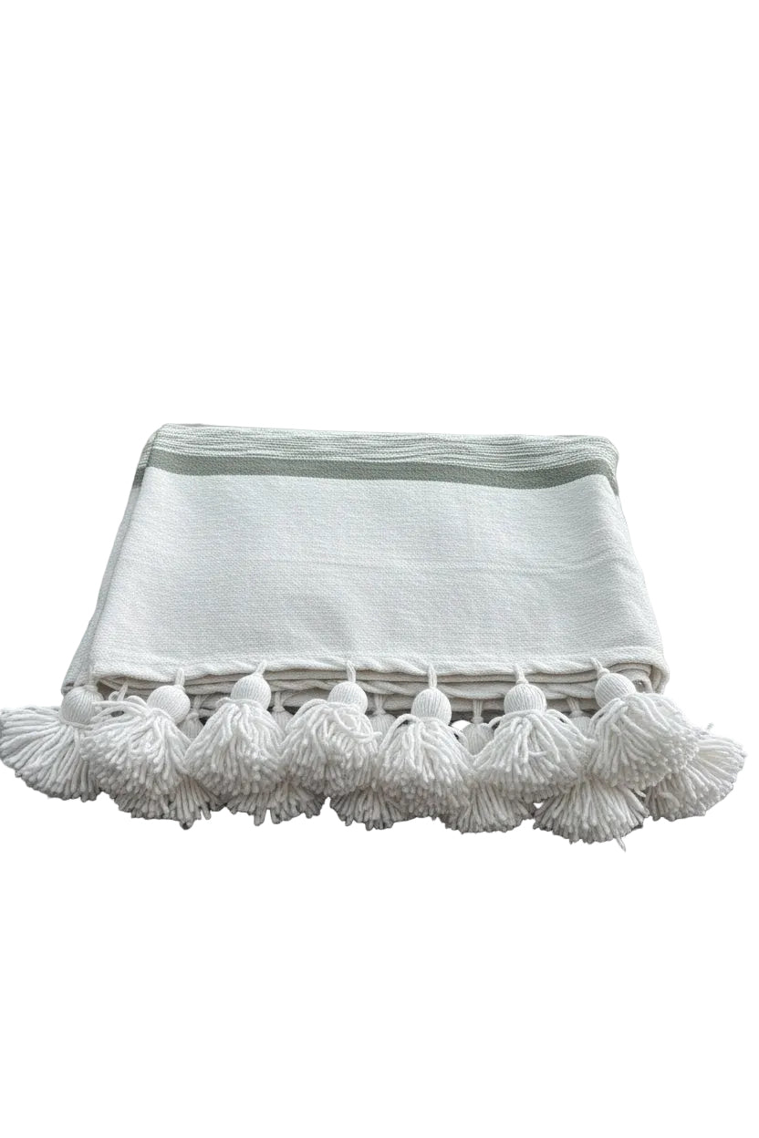 Plaid berbère marocain blanc et kaki plié à pompons – couverture artisanale fait main 270x180 cm