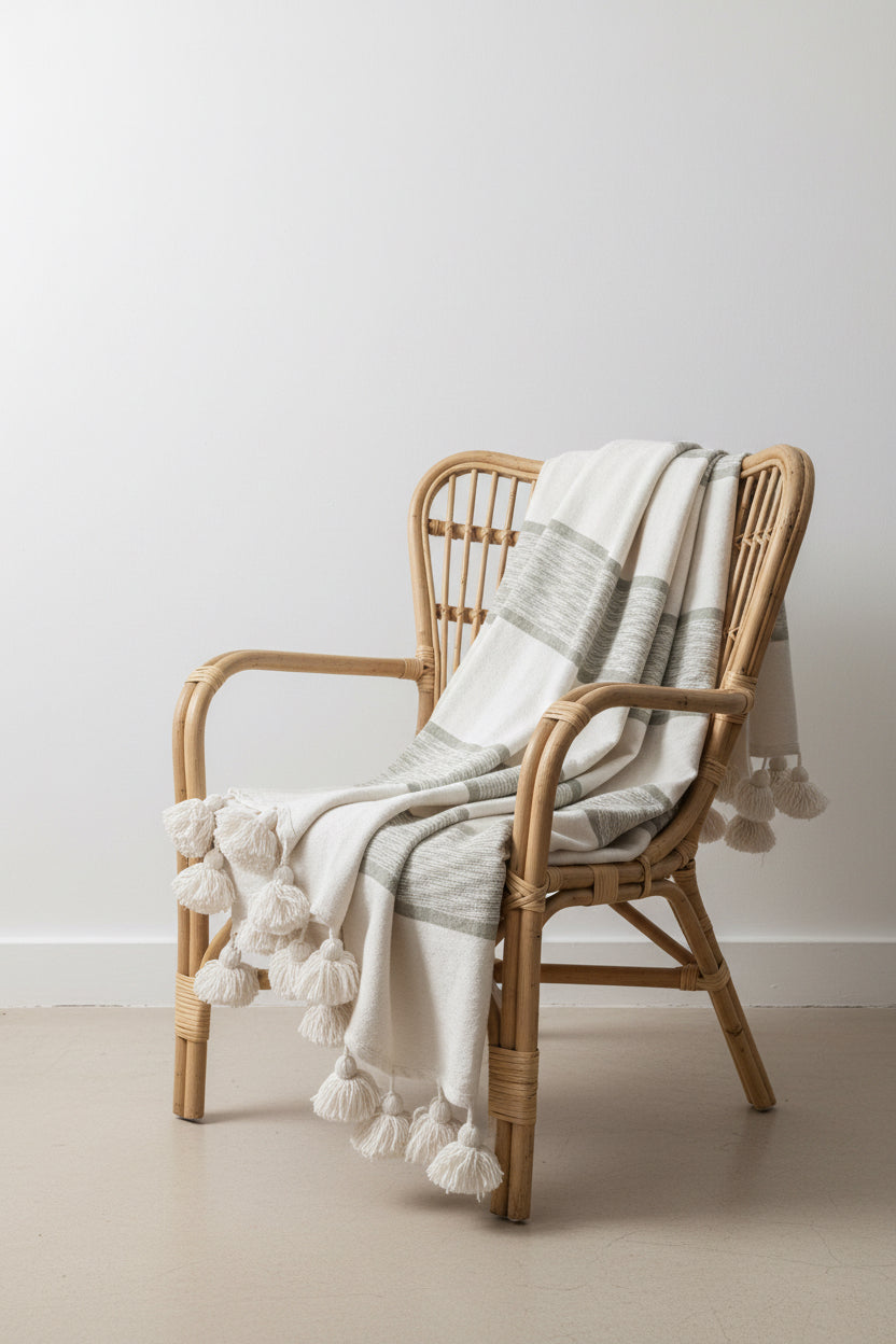 Plaid marocain blanc et kaki à pompons sur fauteuil rotin – artisanat berbère fait main