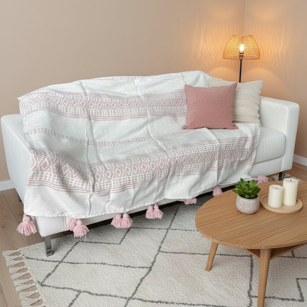 Plaid marocain blanc et rose à pompons – jeté de canapé artisanal fait main 280x180 cm