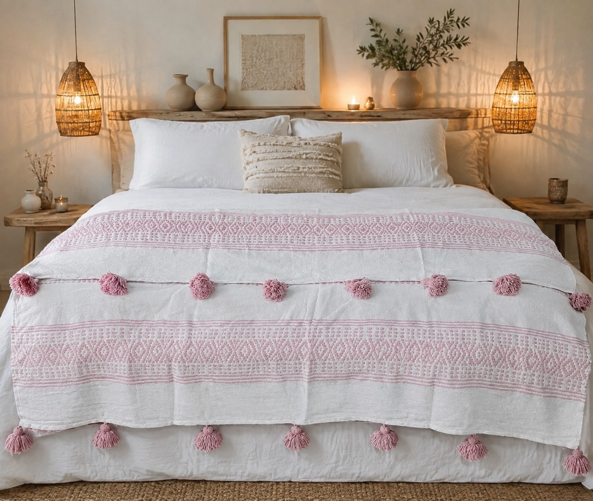 Plaid marocain blanc à pompons roses 280x180 cm – décoration chambre bohème fait main