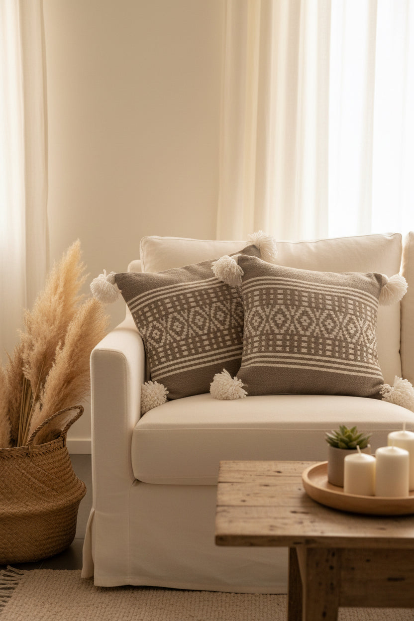 Housse de coussin berbère taupe à pompons blancs motifs géométriques – artisanat marocain fait main