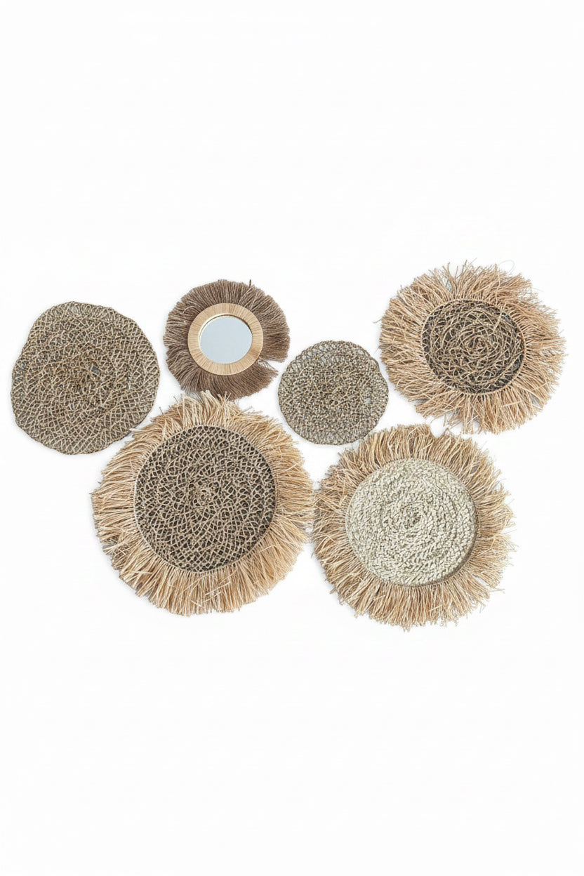 Lot 6 pièces décoration murale en raphia et fibres naturelles – artisanat marocain fait main