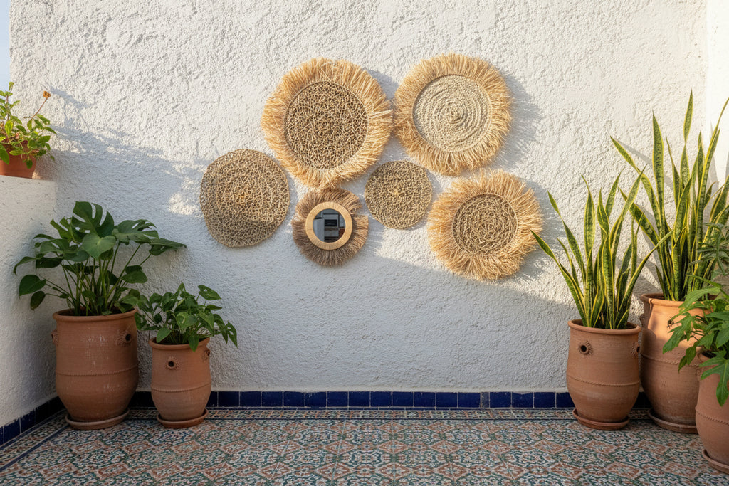 Set mural en raphia et fibres naturelles fait main – décoration terrasse style marocain bohème
