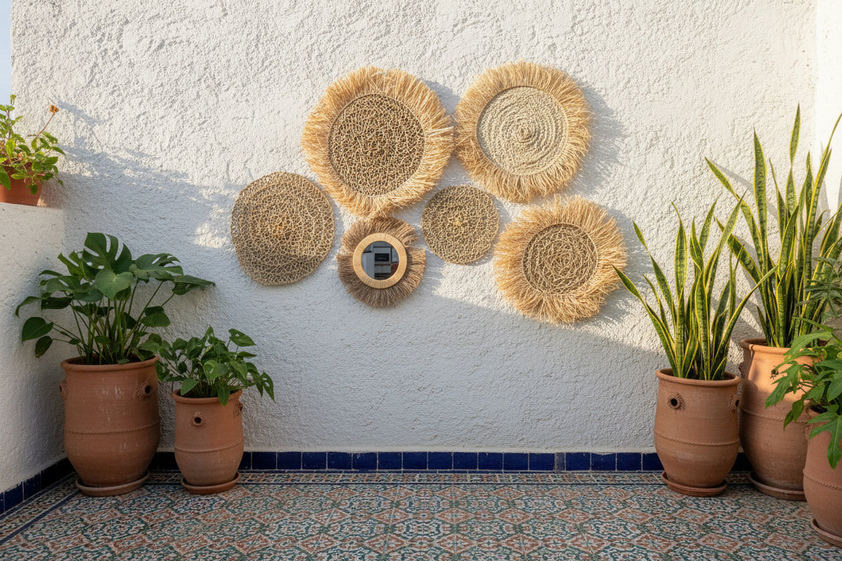 Set mural en raphia et fibres naturelles fait main – décoration terrasse style marocain bohème