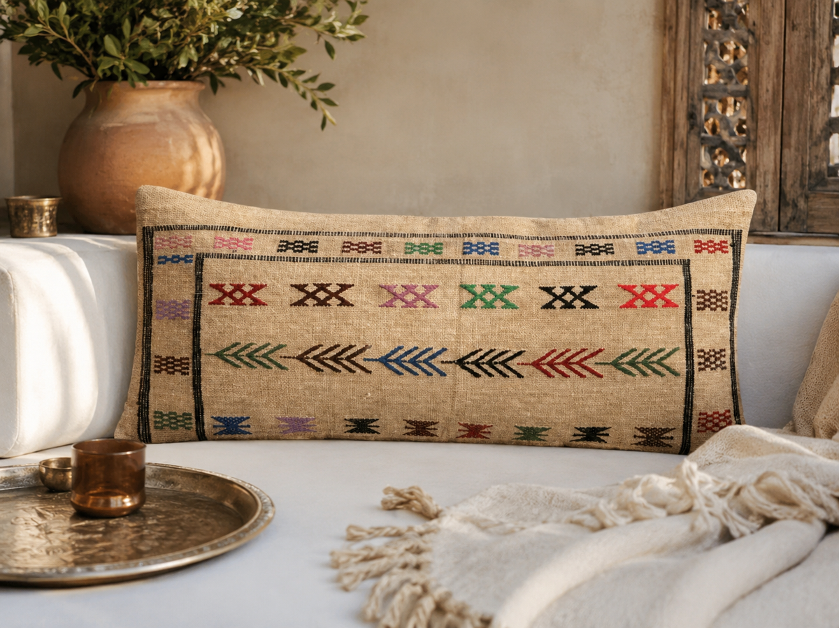Vue de face housse coussin berbère – motifs géométriques multicolores – artisanat marocain