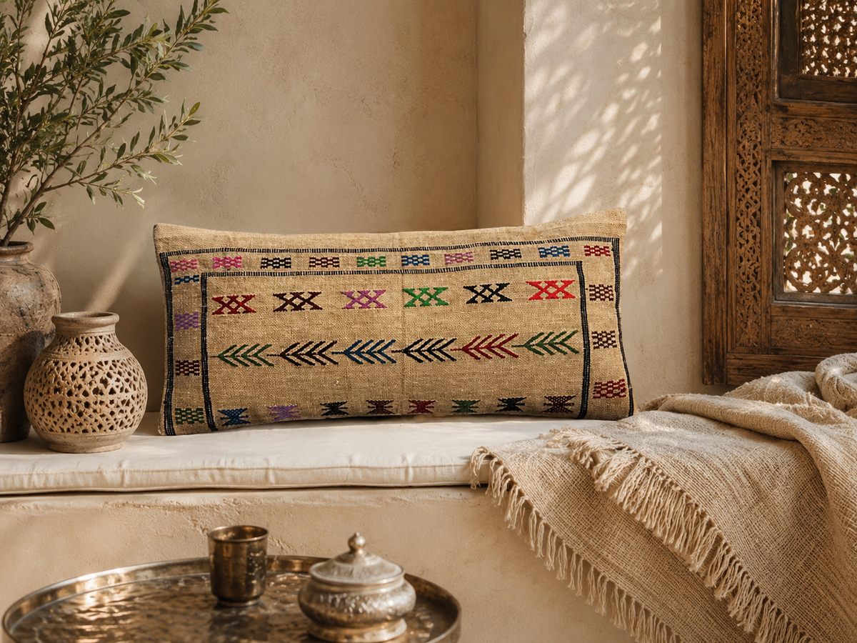Détail broderies berbères – croix, chevrons et flèches en laine naturelle sur fond chanvre