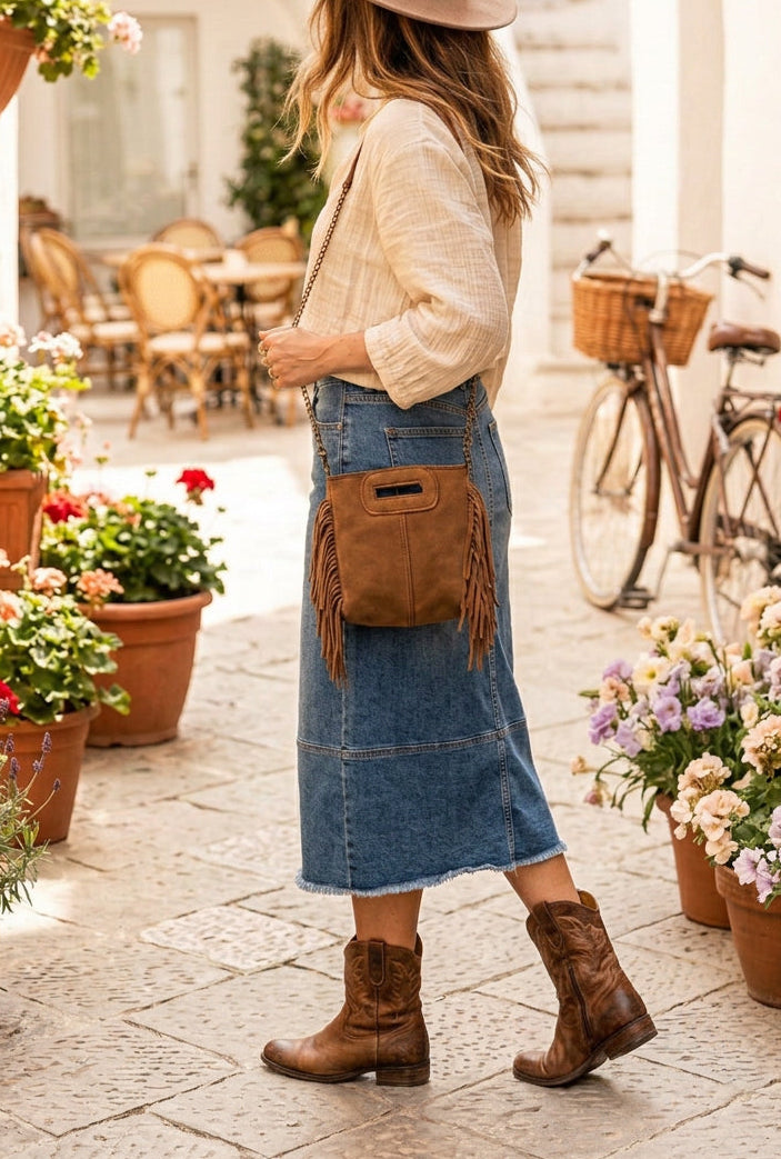 
« Sac Sienna en cuir camel à franges, avec bandoulière chaîne et poignées intégrées, style bohème. »
