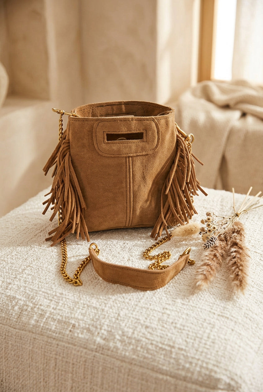 
« Sac Sienna en cuir camel à franges, avec bandoulière chaîne et poignées intégrées, style bohème. »