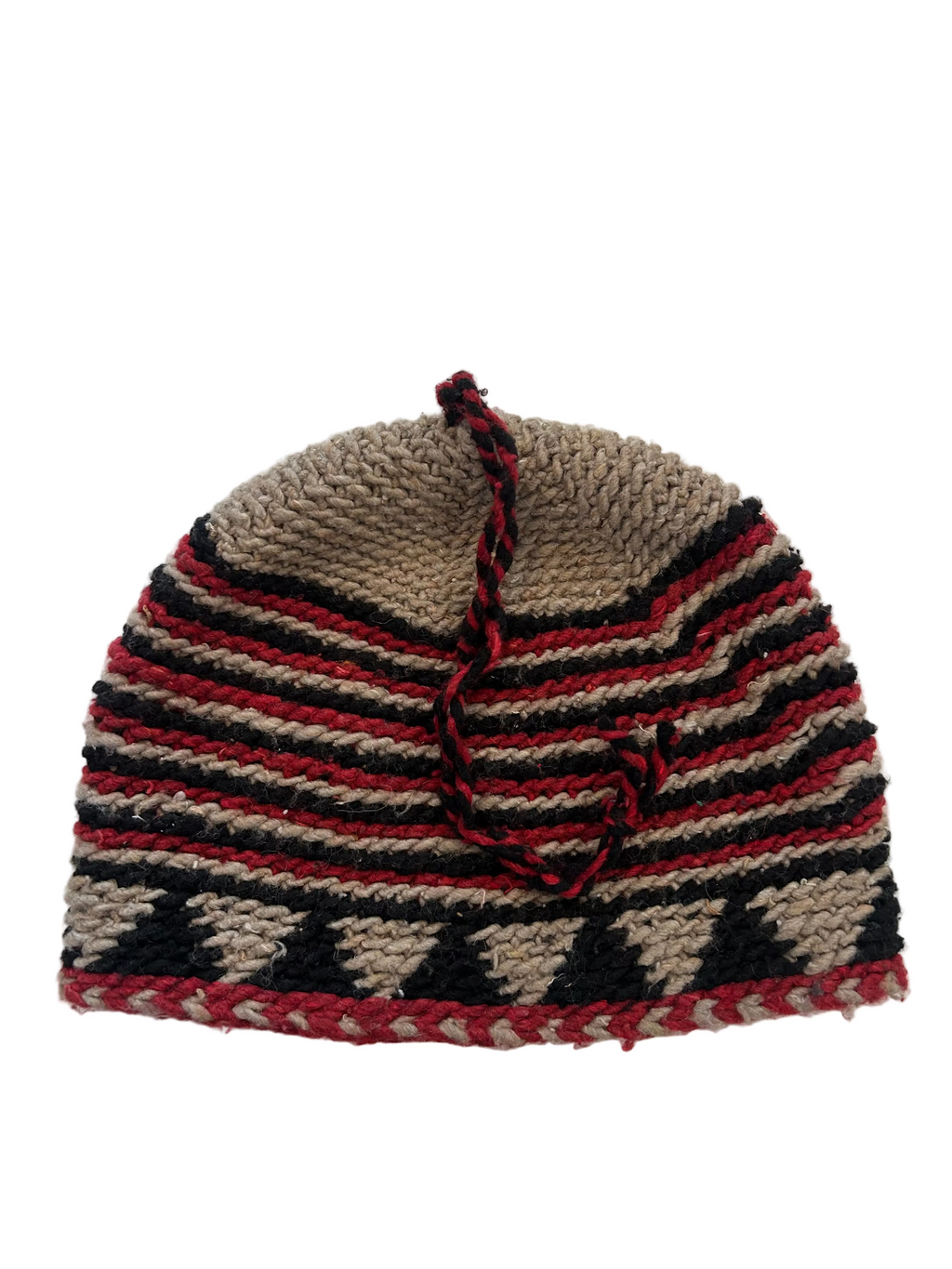 Bonnet tricoté artisanal en laine rouge et beige — fait main au Maroc