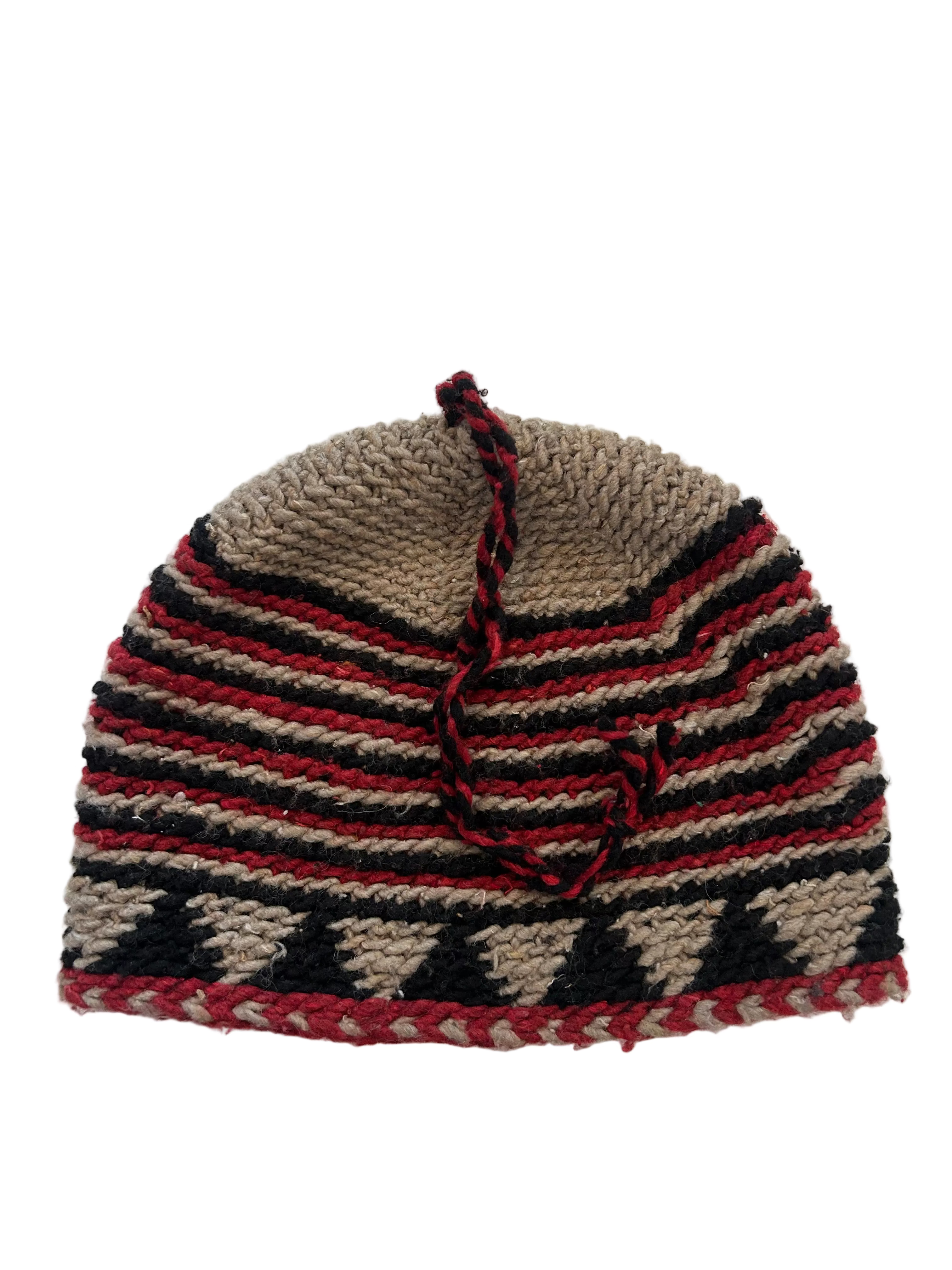 Bonnet tricoté artisanal en laine rouge et beige — fait main au Maroc