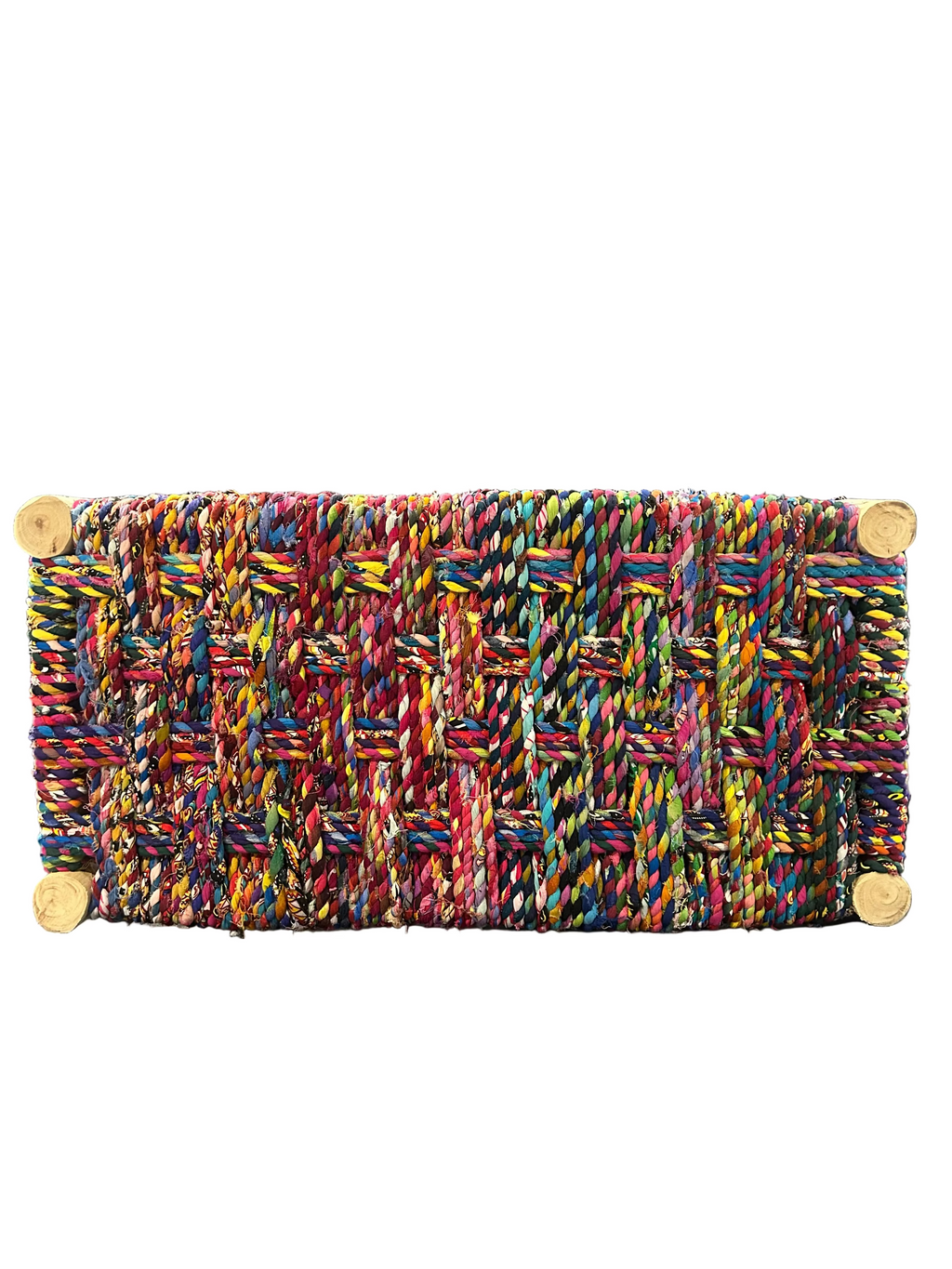 Banc en bois d'eucalyptus et boucherouite multicolore — mobilier artisanal marocain, fait main au Maroc