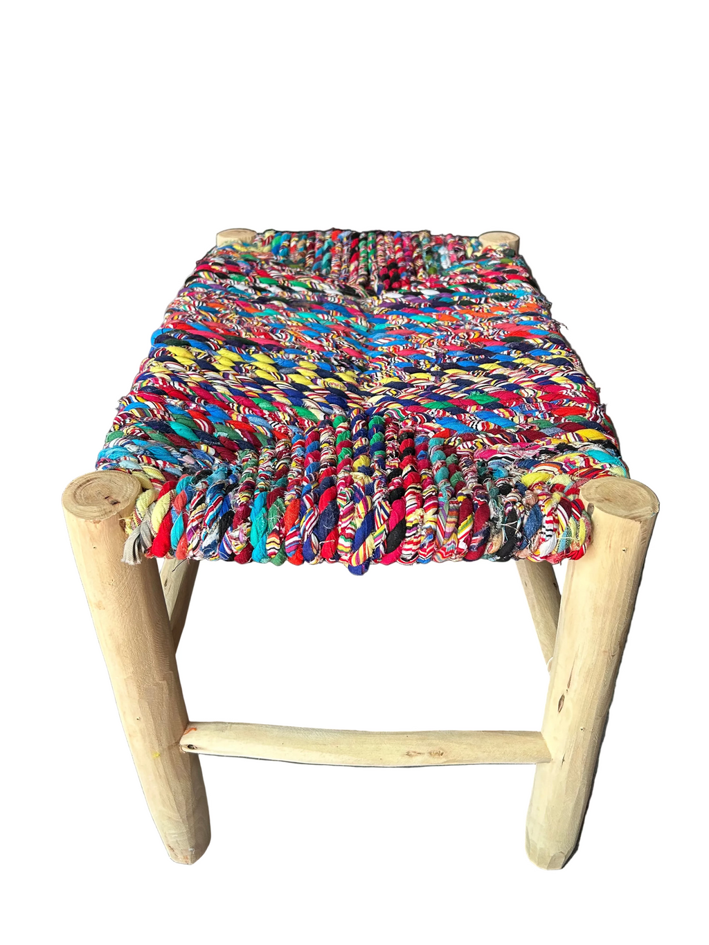 Banc en bois d'eucalyptus et boucherouite multicolore — mobilier artisanal marocain, fait main au Maroc