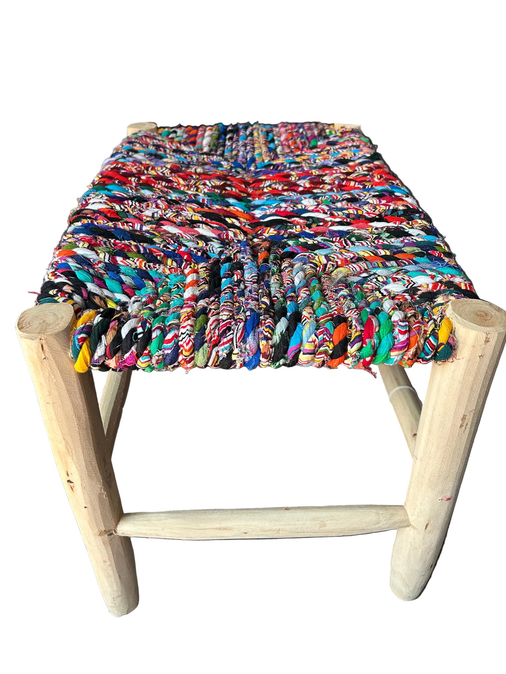 Banc en bois d'eucalyptus et boucherouite multicolore — mobilier artisanal marocain, fait main au Maroc
